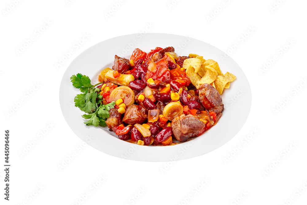 Stewed red beans with vegetables, meat and corn chips Stewed red beans with vegetables, meat and corn chips