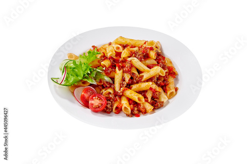Penne pasta with bolognese sauce isolated on white background