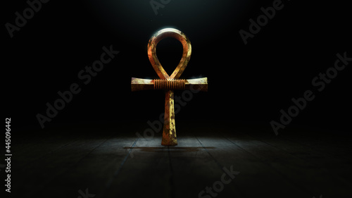 3D Rendering, illustration of a golden Egyptian ankh or key of life on a wooden background. high contrast image photo