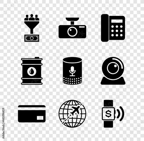 Set Lead management, Car DVR, Telephone, Credit card, Globe with flying plane and Contactless payment icon. Vector