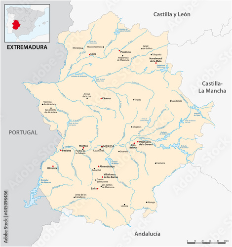 Vector map of the Spanish Autonomous Community of Extremadura with main cities, Spain photo