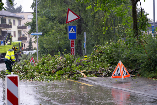 Fallen trees and branches blocking road at City of Zurich after nightly heavy summer thunderstorm. Photo taken July 13th, 2021, Zurich, Switzerland.