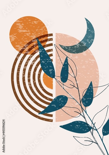 Burnt Orange Trendy Aesthetic Print Bohemian Style with Leaves, Sun and Moon. Modern Bohemian Wall Art Decor. Minimalistic Contemporary Poster for Prints, Banner, Wall Design. Vector EPS 10