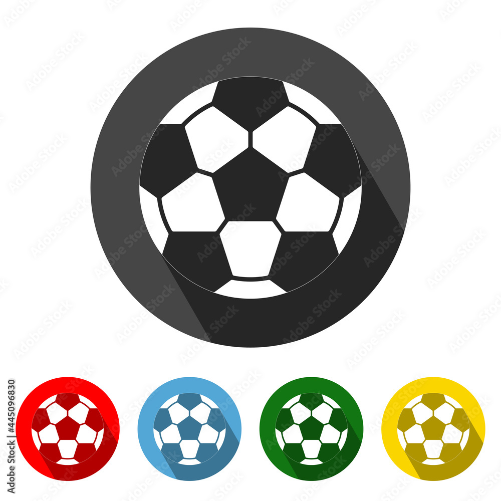 Soccer Ball Flat Style Icon with Long Shadow. Soccer Ball icon vector illustration design element with four color variations. Football with long shadows. All in a single layer. Elements for design. Soccer Ball Flat Style Icon with Long Shadow. Soccer Ball icon vector illustration design element with four color variations. Football with long shadows. All in a single layer. Elements for design.