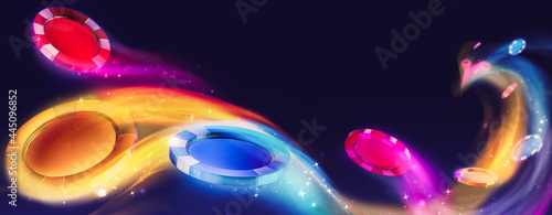 Photographie 3D Rendering, illustration of colorful casino poker chips in a dark background