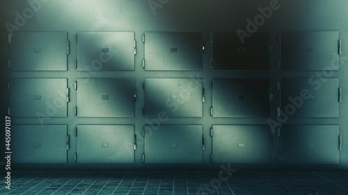 3D Rendering, illustration of hospital morgue trays in a high contrast image photo