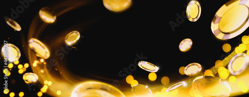 Photography 3D Rendering, illustration of shiny  gold casino poker chips in a dark backgroun