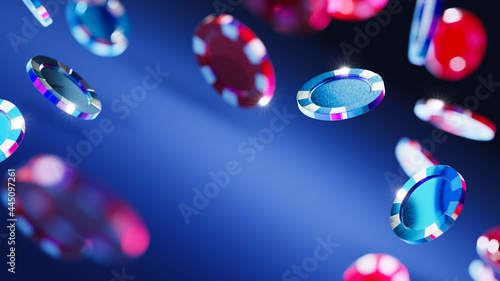 3D Rendering, illustration of casino poker chips falling in a dark blue background