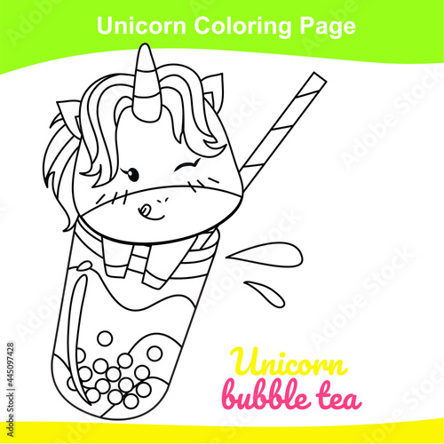 Unicorn coloring worksheet page. Coloring kawaii unicorn worksheet page. Educational printable coloring worksheet. Additional worksheet for kids. Vector illustration in cartoon style. 