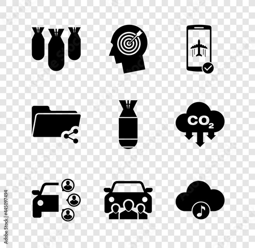 Set Aviation bombs, Head hunting concept, Flight mode the mobile, Car sharing, and Music streaming service icon. Vector