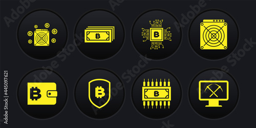 Set Cryptocurrency wallet, ASIC Miner, Shield with bitcoin, circuit, CPU mining farm and icon. Vector