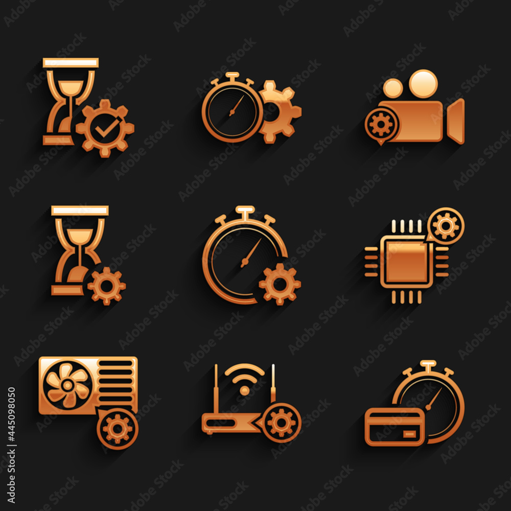 Set Time management setting, Router and wi-fi, Fast payments, Processor, Air conditioner and Hourglass icon. Vector Set Time management setting, Router and wi-fi, Fast payments, Processor, Air conditioner and Hourglass icon. Vector