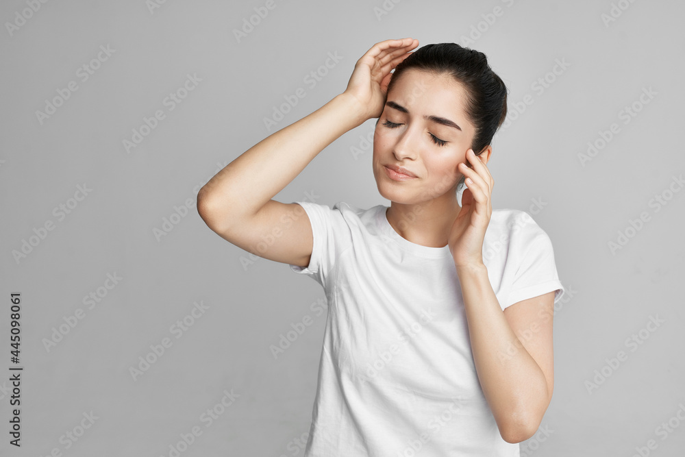 unhappy woman headache health problems migraine isolated background unhappy woman headache health problems migraine isolated background