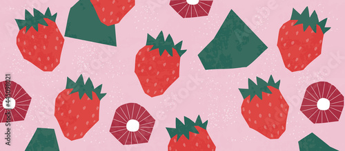 Strawberry fruit poster. Summer tropical design with strawberries. Banner for bar, cocktail, milk shake poster. Design for menu, packaging, fabric. Healthy diet, vegan food concept