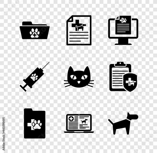 Set Medical veterinary record folder, certificate for dog cat, Clinical pet on monitor, , laptop and Dog icon. Vector