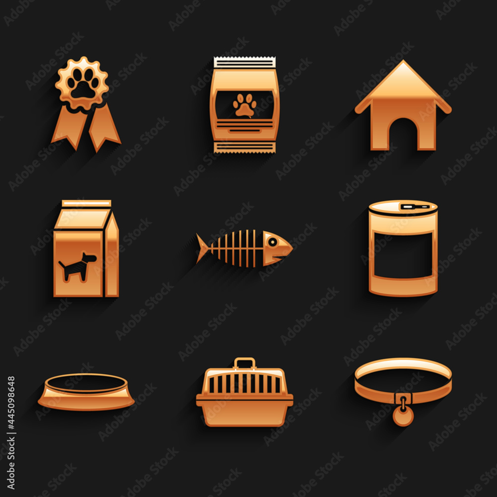 Set Fish skeleton, Pet carry case, Collar, Canned food, bowl and Bag of for dog icon. Vector Set Fish skeleton, Pet carry case, Collar, Canned food, bowl and Bag of for dog icon. Vector