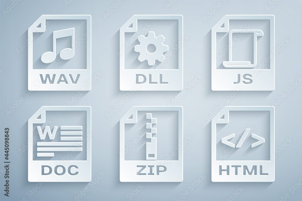 Set ZIP file document, JS, DOC, HTML, DLL and WAV icon. Vector Set ZIP file document, JS, DOC, HTML, DLL and WAV icon. Vector