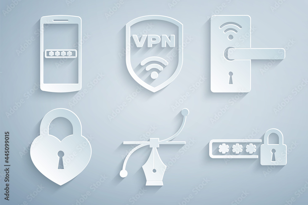 Set Bezier curve, Digital door lock with wireless, Castle in the shape of heart, Password protection, Shield VPN and Mobile and password icon. Vector Set Bezier curve, Digital door lock with wireless, Castle in the shape of heart, Password protection, Shield VPN and Mobile and password icon. Vector
