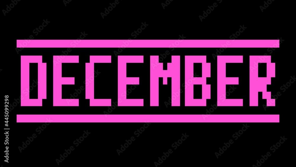 December. Animated appearance of the inscription. Pixel letters. Magenta, purple colors. Alpha channel. Motion animated letters. Month December for social media, advertising. UHD 4K video. December. Animated appearance of the inscription. Pixel letters. Magenta, purple colors. Alpha channel. Motion animated letters. Month December for social media, advertising. UHD 4K video.