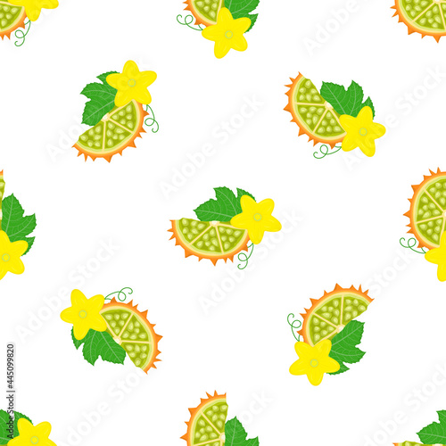 Seamless pattern with fresh yellow kiwano fruit and flowers isolated on white background. Summer fruits for healthy lifestyle. Organic fruit. Cartoon style. Vector illustration for any design.