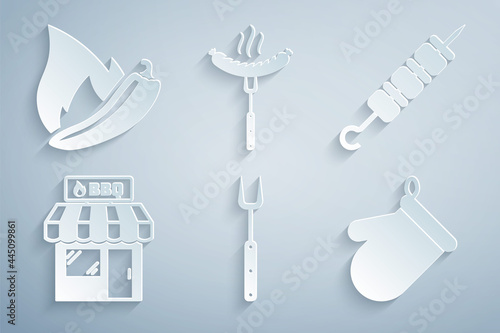 Set Barbecue fork, Grilled shish kebab, shopping building, Oven glove, Sausage on the and Hot chili pepper pod icon. Vector