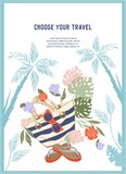 Summer holiday banner template with beach bag and tropical palms, flat vector illustration. Summer travel and tourism background. Sea rest and beach vacation.
