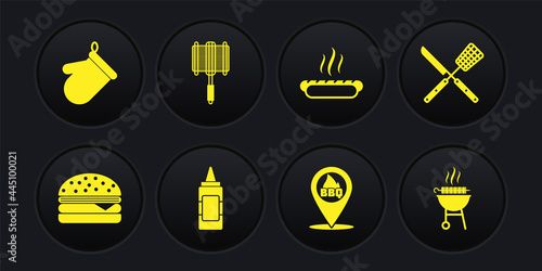 Set Burger, Crossed knife and spatula, Mustard bottle, Location with barbecue, Hotdog sandwich, Barbecue steel grid, grilled shish kebab and Oven glove icon. Vector