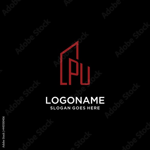 PU initial monogram with building logo design