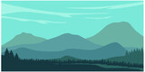 Mountain landscape with silhouettes of forest trees mountains and hills. Panoramic mountain view.
