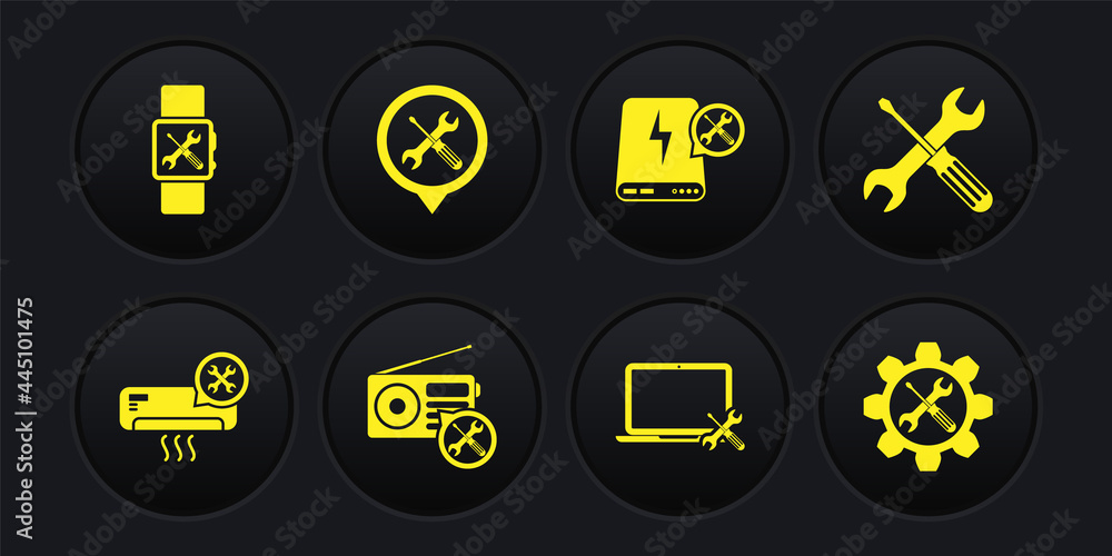 Set Air conditioner service, Crossed screwdriver and wrench, Radio, Laptop, Power bank, Location, Wrench in gear and Smartwatch icon. Vector Set Air conditioner service, Crossed screwdriver and wrench, Radio, Laptop, Power bank, Location, Wrench in gear and Smartwatch icon. Vector