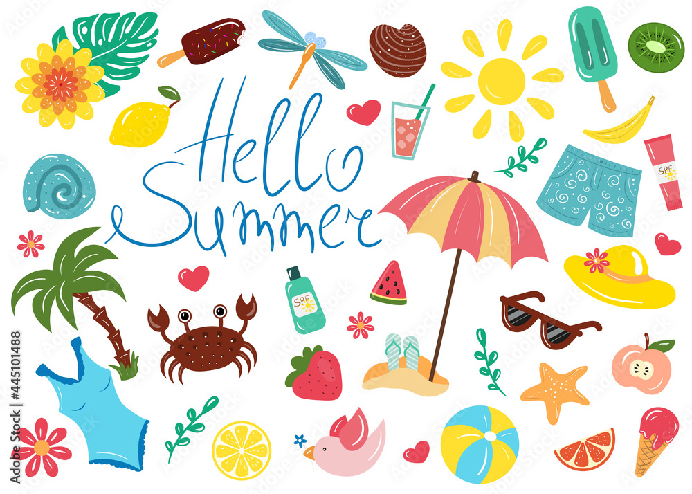 Big summer icon set with crab, fruits, ice cream. Hand draw cartoon elements. Flat vector illustration.