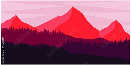 Mountains and forest. Wild nature landscape. Travel and adventure.Panorama.