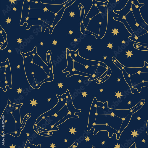 Seamless pattern in the constellation of cats. Hand draw style. Night cat in stars and lines. Original texture for textile, fabric, wallpaper, apparel clothing, banner, poster, postcard.