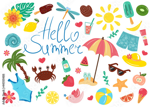 Big summer icon set with crab  fruits  ice cream. Hand draw cartoon elements. Flat vector illustration.