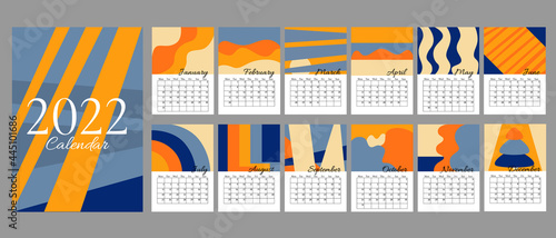Calendar for 2022 by months with a cover, with bright contrasting geometric illustrations. Abstract calendar for 2022 in vertical A4 format. 
 Week starts on Monday.