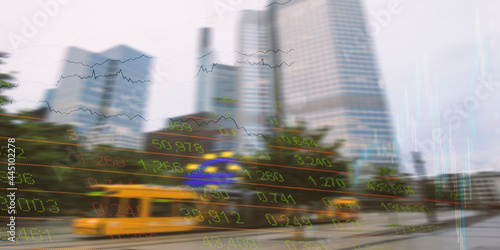 Financial banner with the Frankfurt financial district on the background. Concept for finance, economy, europe, euro zone, commerce, Euro. 3d render composition photography. photo