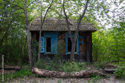 An abandoned log house with shutters on the windows. An old wooden house abandoned in the forest. © Илья Юрукин