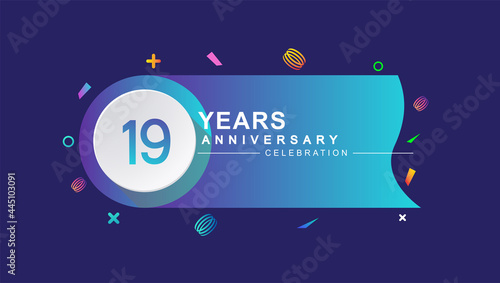 19th years anniversary celebration with colorful design, circle and ribbon isolated on dark background