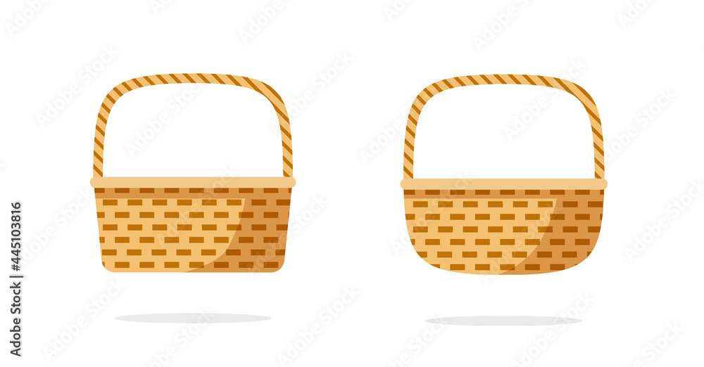 Wicker weave basket or rustic picnic bag collection set vector flat cartoon icon isolated clipart