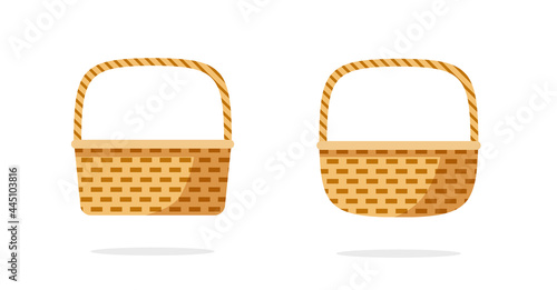 Wicker weave basket or rustic picnic bag collection set vector flat cartoon icon isolated clipart