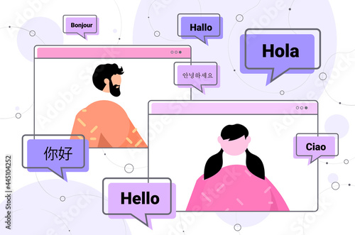 people using translation application multilingual greeting international online communication