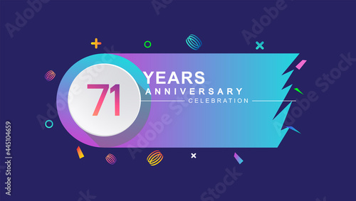 71st years anniversary celebration with colorful design, circle and ribbon isolated on dark background