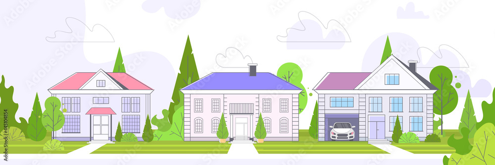 Fototapeta premium empty no peope street town houses cottages country real estate concept private residential architecture homes exterior