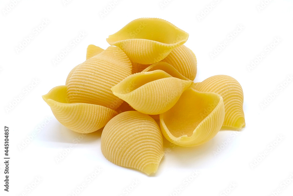 Conchiglioni Rigati pasta shells Raw pasta with ingredients for cooking Spaghetti pasta isolated on white Conchiglioni Rigati pasta shells Raw pasta with ingredients for cooking Spaghetti pasta isolated on white