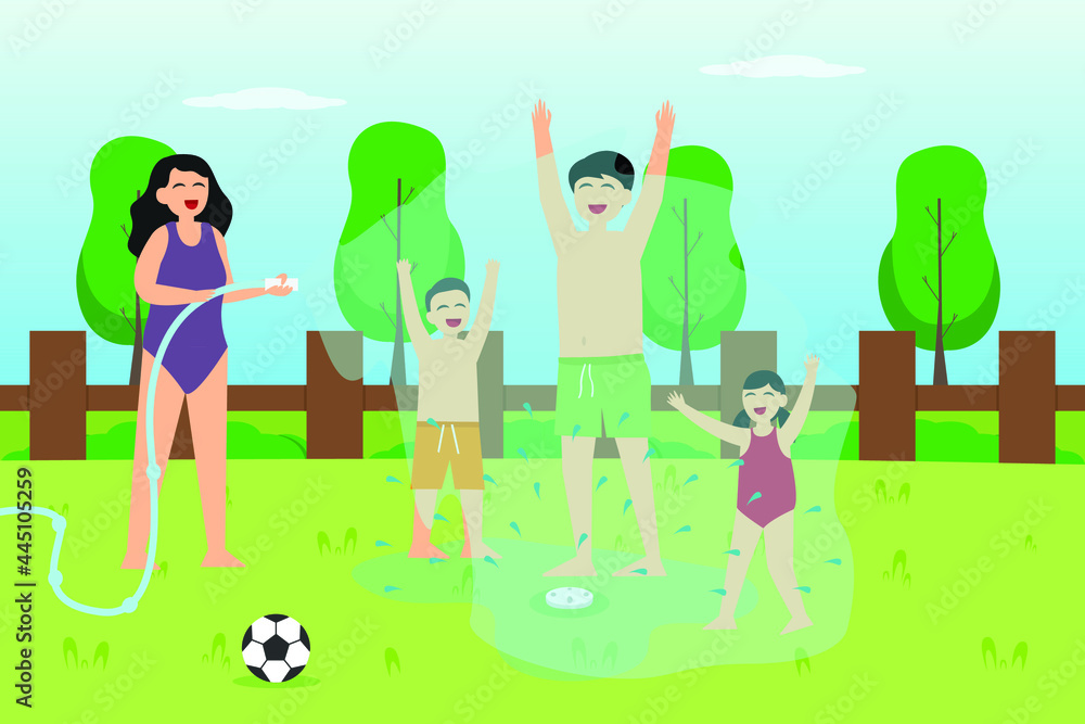 Quality time vector concept: Young family enjoying quality time with water hose in the backyard Quality time vector concept: Young family enjoying quality time with water hose in the backyard