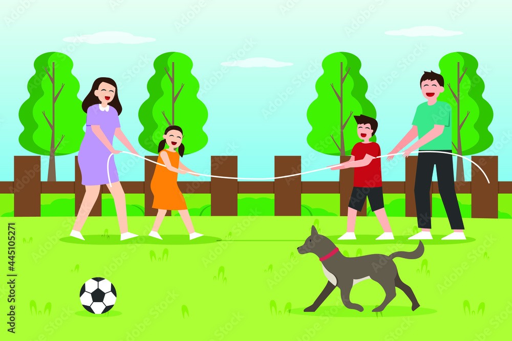 Family time vector concept:Young family playing tug of war in the park while enjoying leisure time Family time vector concept:Young family playing tug of war in the park while enjoying leisure time