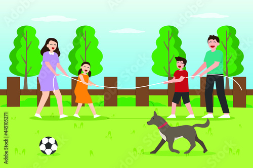 Family time vector concept:Young family playing tug of war in the park while enjoying leisure time 