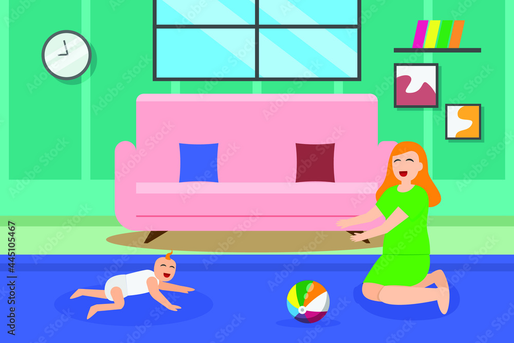 Quality time vector concept: Cute baby crawling towards his mother at home while enjoying leisure time 
