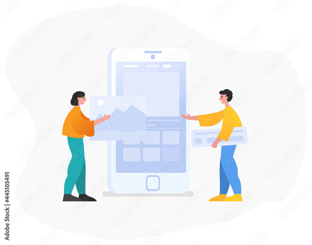 Mobile app development process, team. Two people stand near big mobile phone. Modern vector illustration