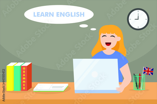 Learning english vector concept: College student learning english with laptop while sitting on the chair © Creativa Images